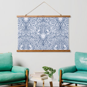 Krab en zee wiet in wit en marineblauw hangend wandkleed