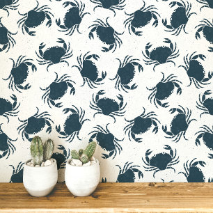 Krab Indigo Blauw en Wit Kustpatroon Behang