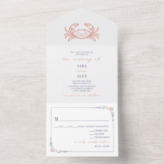krab rood & blauw RSVP Boerderij bruiloft All In One Uitnodiging (Binnen)