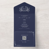 Krab rustiek strand bruiloft donkerblauw QR All In One Uitnodiging (Binnen)