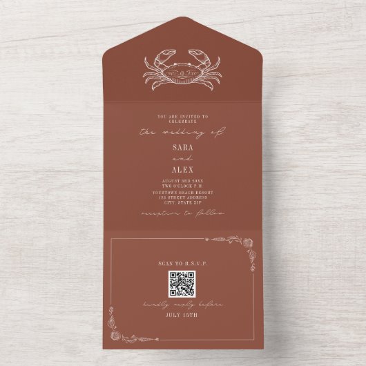 Krab rustieke strand bruiloft terracotta QR All In One Uitnodiging (Binnen)