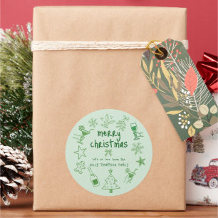 Krabbel Doodles Glitter Groen Prettig Kerstfeest Ronde Sticker