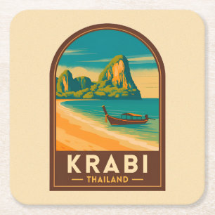 Krabi Thailand Railay Beach Retro Reisaccessoires Vierkante Kartonnen Onderzetter
