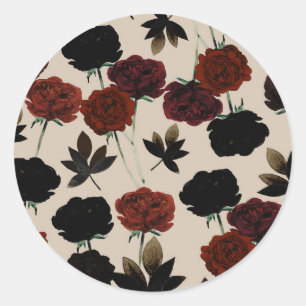 Krachtig donker bloemig rood & zwart beige botanis ronde sticker
