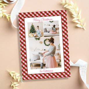 Krachtig roze & rood geruit plaid 3 foto Kerstmis Feestdagenkaart