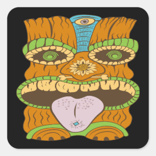 Krachtig Tiki-beeld in psychedelische stemming, gr Vierkante Sticker
