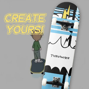 Krachtige Comic Pop Art Pastel Blauwe Bliksem Skateboard
