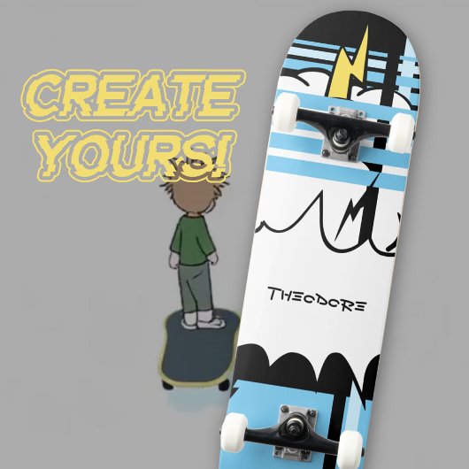 Krachtige Comic Pop Art Pastel Blauwe Bliksem Skateboard
