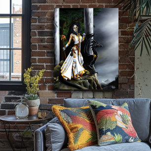 Krachtige Fantasie Tovenares Zwarte Draak Bescherm Poster