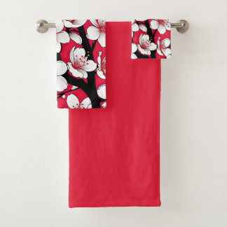 Krachtige kersenbloesemillustratie op rood bad handdoek
