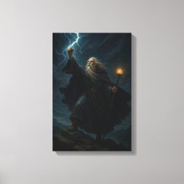 Krachtige tovenaar roept bliksem in stormachtige h canvas afdruk