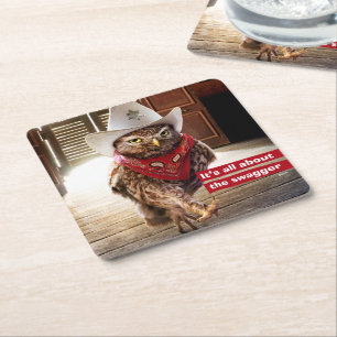 Krachtige Westerne Sheriff Owl met Attitude & Swag Vierkante Kartonnen Onderzetter