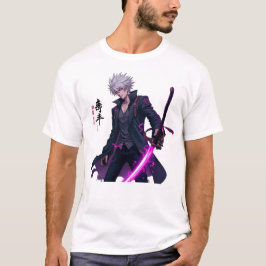 Krachtige witharige anime krijger met gloeiende t-shirt