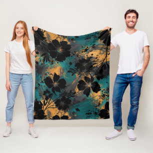 Krachtige zwarte bloemensilhouet met teal & moster fleece deken