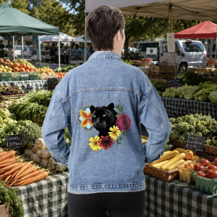 Krachtige Zwarte Botanische Bloem Illustratie van Denim Jacket