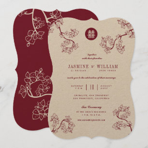 Kraft and Red Plum Blossom Modern Asian Wedding Kaart