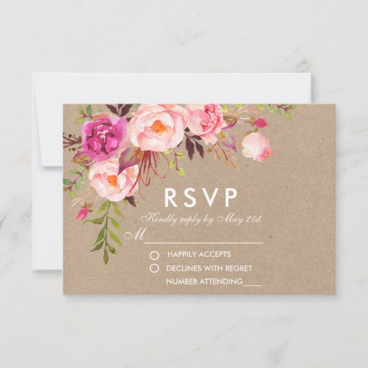Kraft Aquarelle Floral rose Mariage RSVP (Devant)
