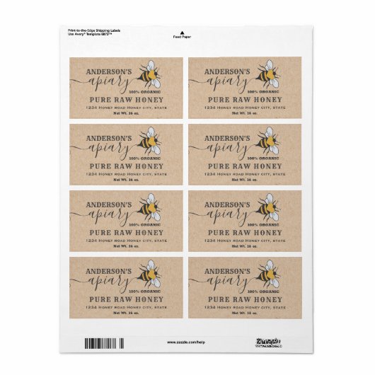 Kraft Bee logo script bijiary honey jar label (Full Sheet)