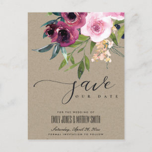 KRAFT BLUSH BURGUNDY FLORAL BUNCH BEWAREN DE DATUM AANKONDIGINGSKAART