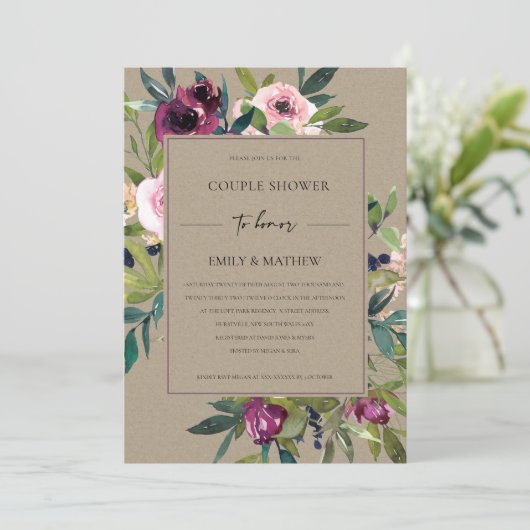 KRAFT BLUSH BURGUNDY FLORAL BUNCH COUPLE SHOWER KAART (Staand voorkant)