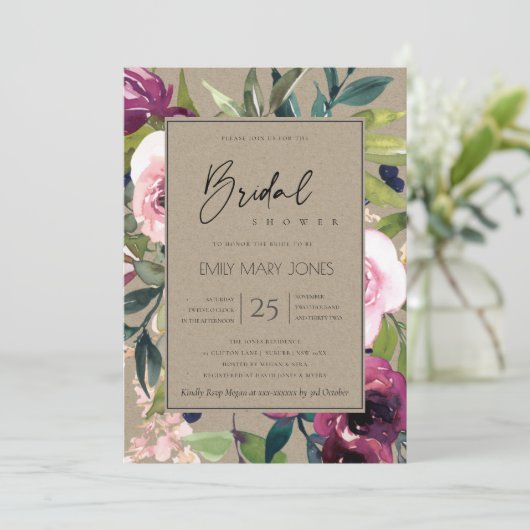 KRAFT BLUSH BURGUNDY FLORAL BUNCH VRIJGEZELLENFEES KAART (Staand voorkant)