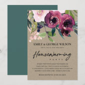 KRAFT BLUSH BURGUNDY FLORAL HUUSEWARMING Party Kaart (Voorkant / Achterkant)