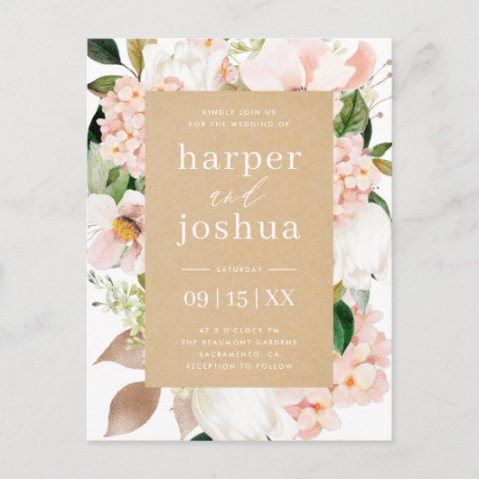 Kraft & Blush Spring Floral Wedding Uitnodiging Briefkaart (Voorkant)