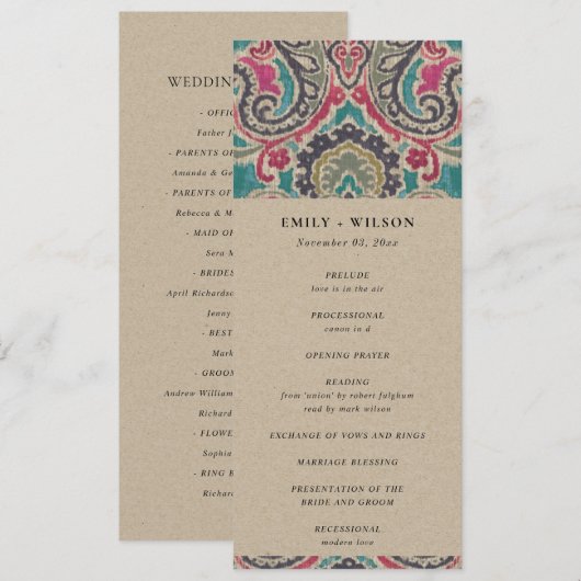 KRAFT BOHO TRIBAL IKATFL MARIAGE PROGRAMME DE CÉRÉ (Devant / Derrière)