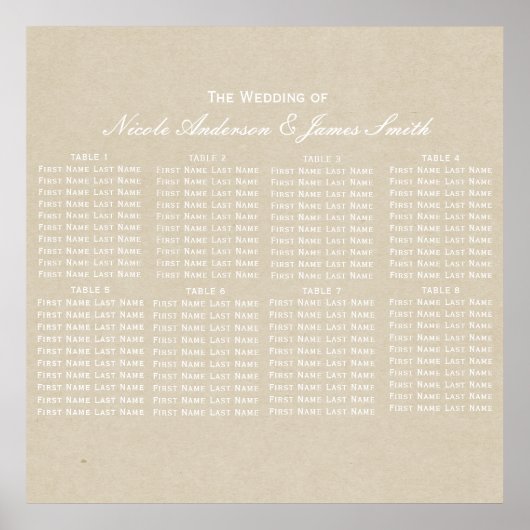 Kraft Brown Rustic Modern Wedding Seating Chart Poster (Voorkant)