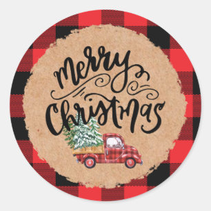 Kraft Buffalo Plaid Script Kerstvakantie Truck Ronde Sticker