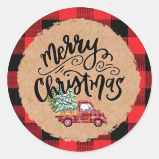 Kraft Buffalo Plaid Script Kerstvakantie Truck Ronde Sticker