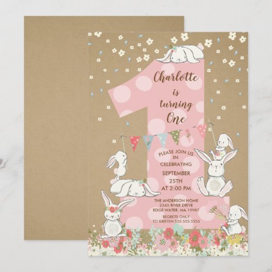 Kraft Bunny Big One Girls Birthday Invitation Kaart (Voorkant / Achterkant)