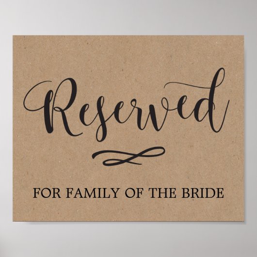 Kraft Calligraphy Reserved Seating Wedding Sign Poster (Voorkant)