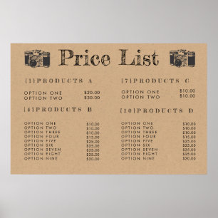 Kraft Camera Fotograaf Prijs Menu Print Poster