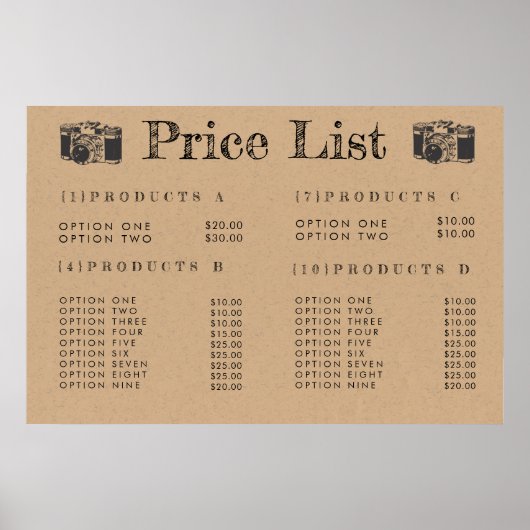 Kraft Camera Fotograaf Prijs Menu Print Poster (Voorkant)