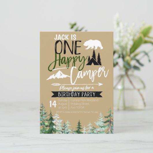 Kraft Camper 1e Verjaardag Camping Party Kaart (Staand voorkant)
