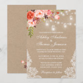 Kraft Coral Floral Jar Lights Lace Wedding Invite (Voorkant / Achterkant)