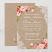 Kraft Coral Floral Lace Wedding Invite (Voorkant / Achterkant)