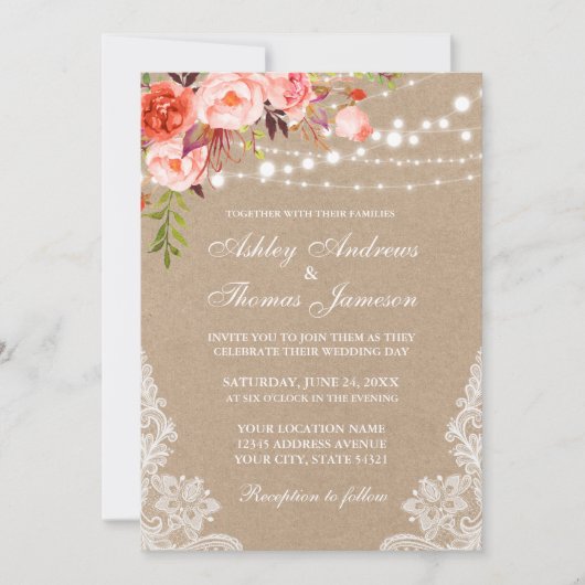 Kraft Coral Floral Lights Lace Wedding Invite (Voorkant)