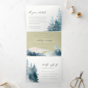 KRAFT DUSKY BLUE MOUNTAINS PINE WATERVERF WEDDING DRIELUIK UITNODIGING