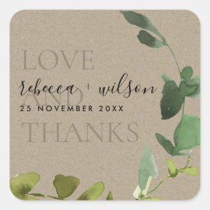 KRAFT EUCALYPTUS WATERVERF LOVE & BEDANKT WEDING VIERKANTE STICKER
