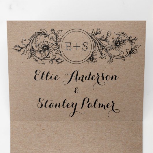 Kraft floral lijst met initialen bruiloft drieluik uitnodiging (Binnenzijde eerst)