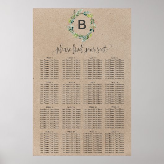 Kraft Foliage Wreater Monogram Seating Chart Poster (Voorkant)