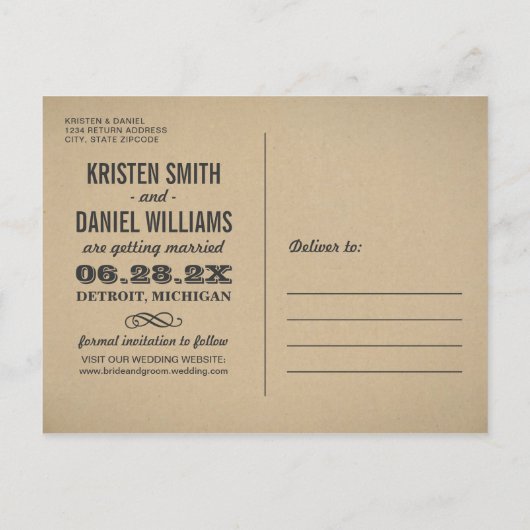  Kraft Fotobruiloft Save the Date Aankondigingskaart (Achterkant)