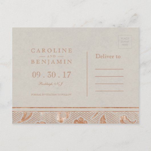 Kraft gold Lace rustic bruiloft met behoud van dat Aankondigingskaart (Achterkant)