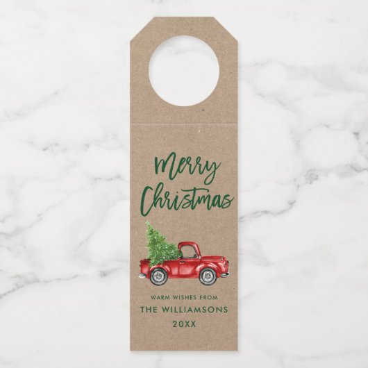 Kraft Green Brush Script Kerstmis Truck Flessenhanger (Voorkant)