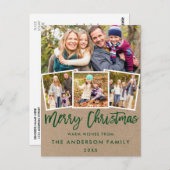 Kraft Green Brush Script Merry Kerstmis 4 Foto Briefkaart (Voorkant / Achterkant)