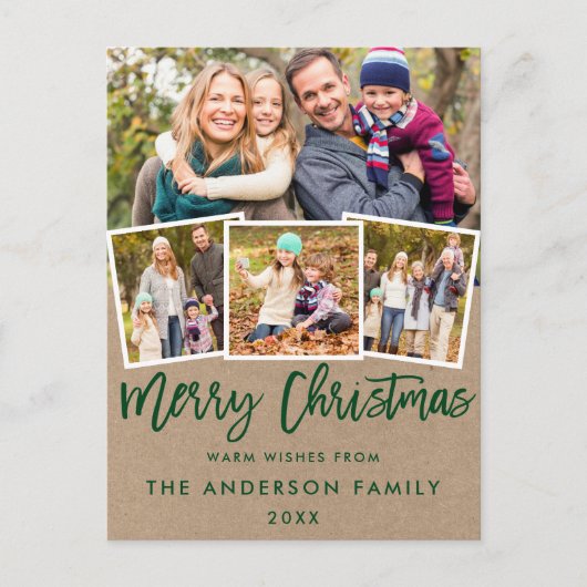 Kraft Green Brush Script Merry Kerstmis 4 Foto Briefkaart (Voorkant)