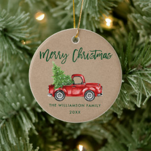 Kraft Green Brush Script Red Truck Keramisch Ornament