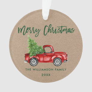 Kraft Green Brush Script  Red Truck Ornament